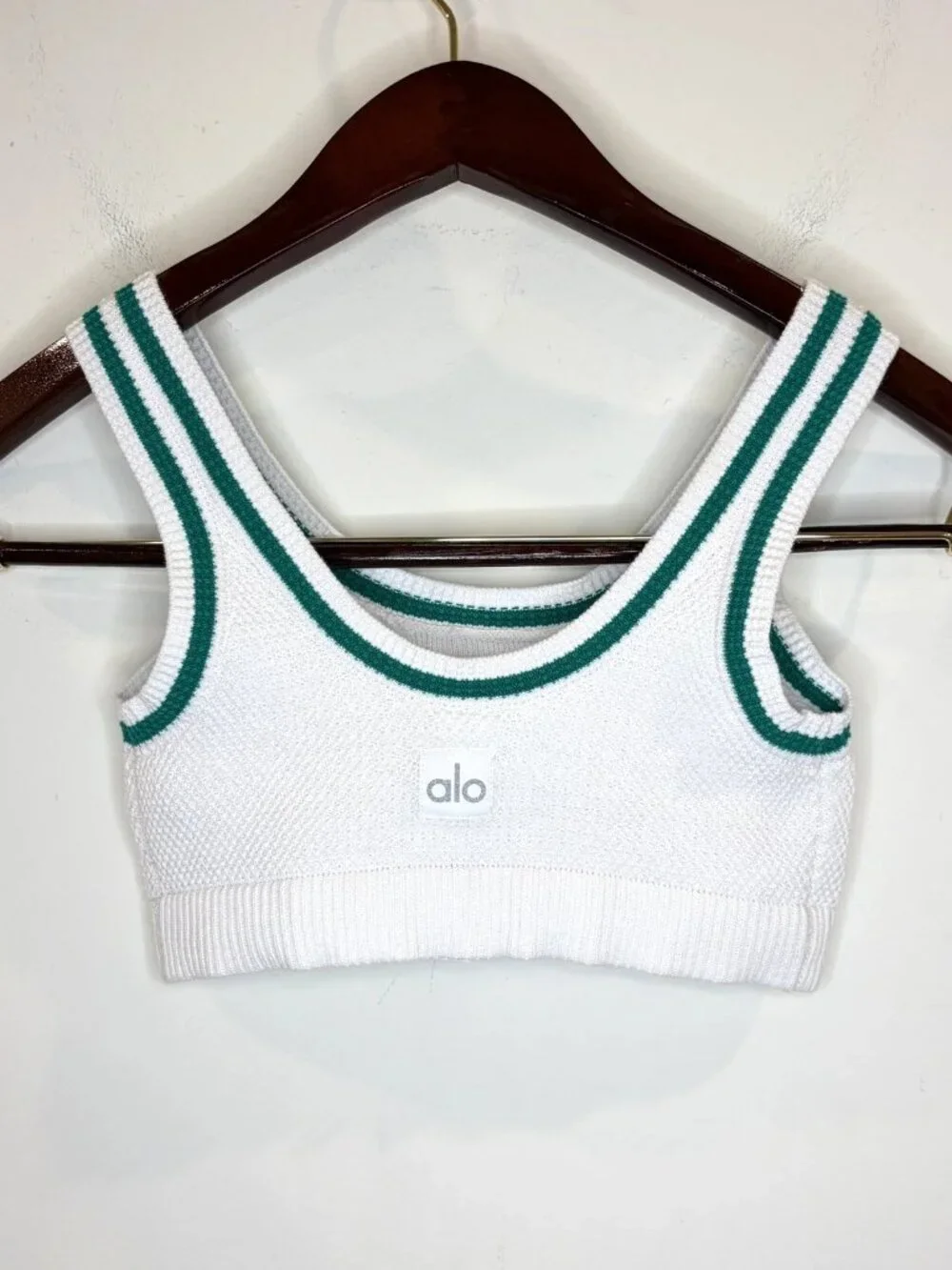 2 PC SET! Alo Yoga Tennis Club Sweater Knit Bra & Skort XXS White/Spruce Green